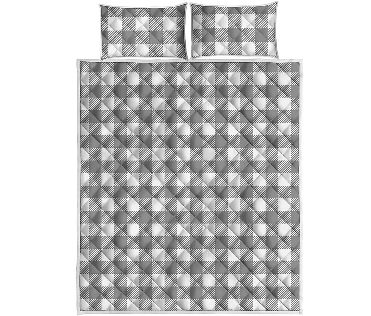 Grey And White Gingham Pattern Print Quilt Bed Set