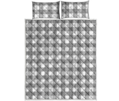 Grey And White Gingham Pattern Print Quilt Bed Set