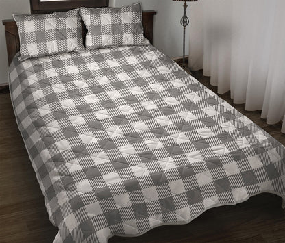 Grey And White Gingham Pattern Print Quilt Bed Set