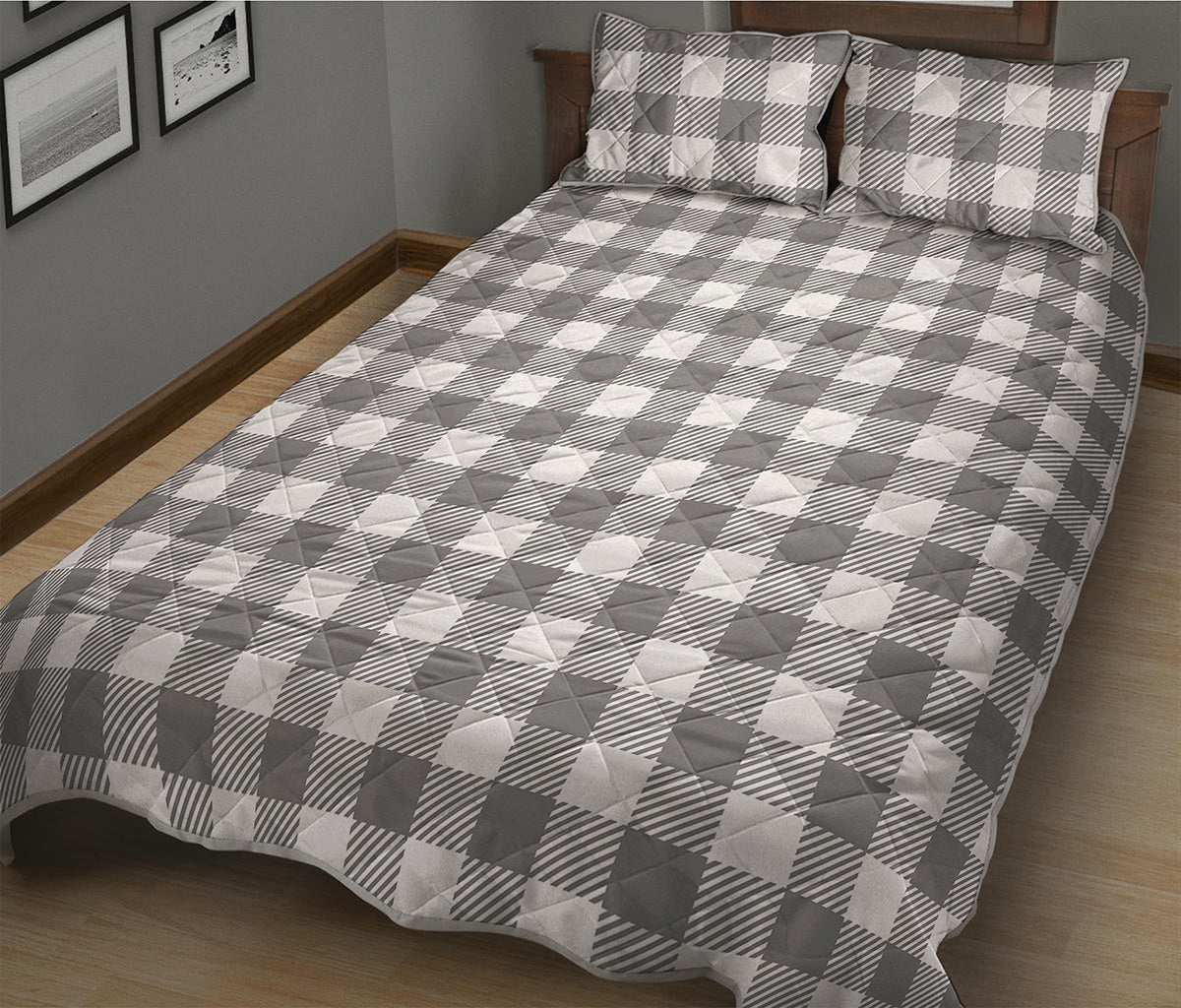 Grey And White Gingham Pattern Print Quilt Bed Set