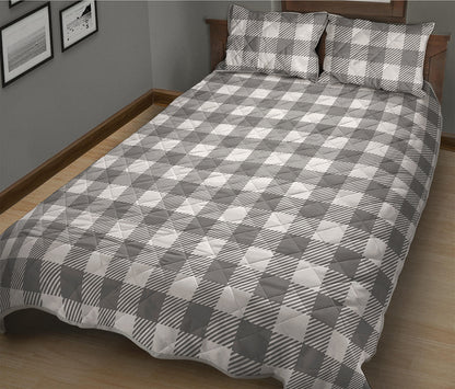 Grey And White Gingham Pattern Print Quilt Bed Set