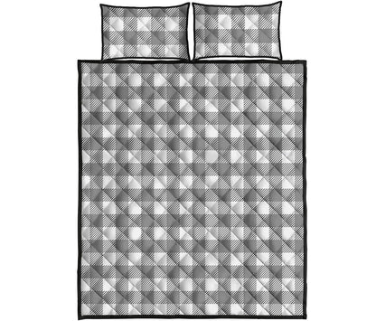 Grey And White Gingham Pattern Print Quilt Bed Set