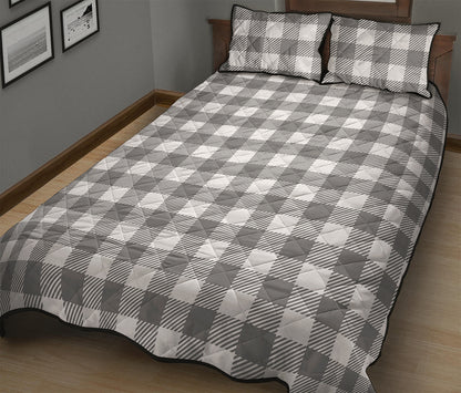 Grey And White Gingham Pattern Print Quilt Bed Set