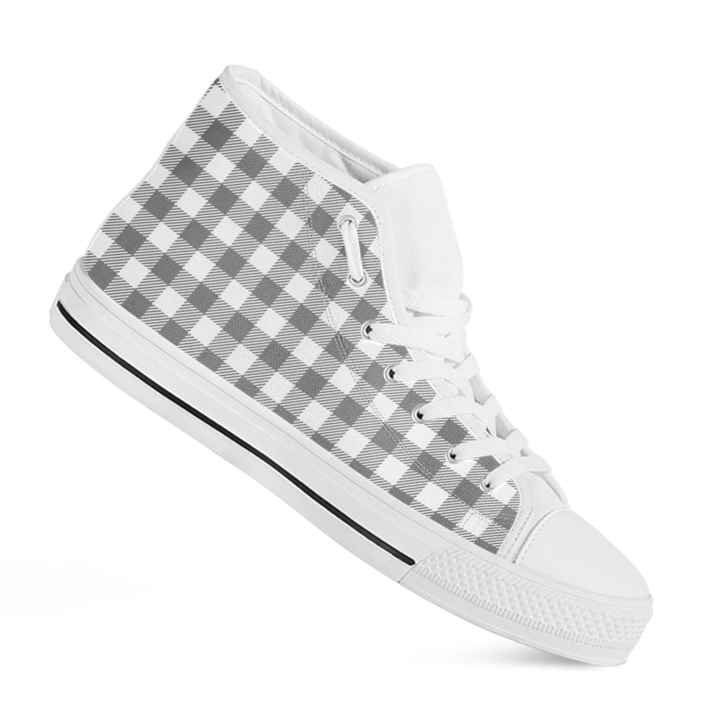 Grey And White Gingham Pattern Print White High Top Shoes