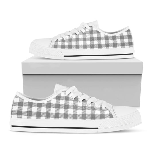 Grey And White Gingham Pattern Print White Low Top Shoes