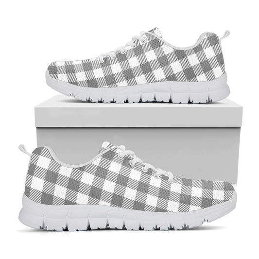 Grey And White Gingham Pattern Print White Sneakers