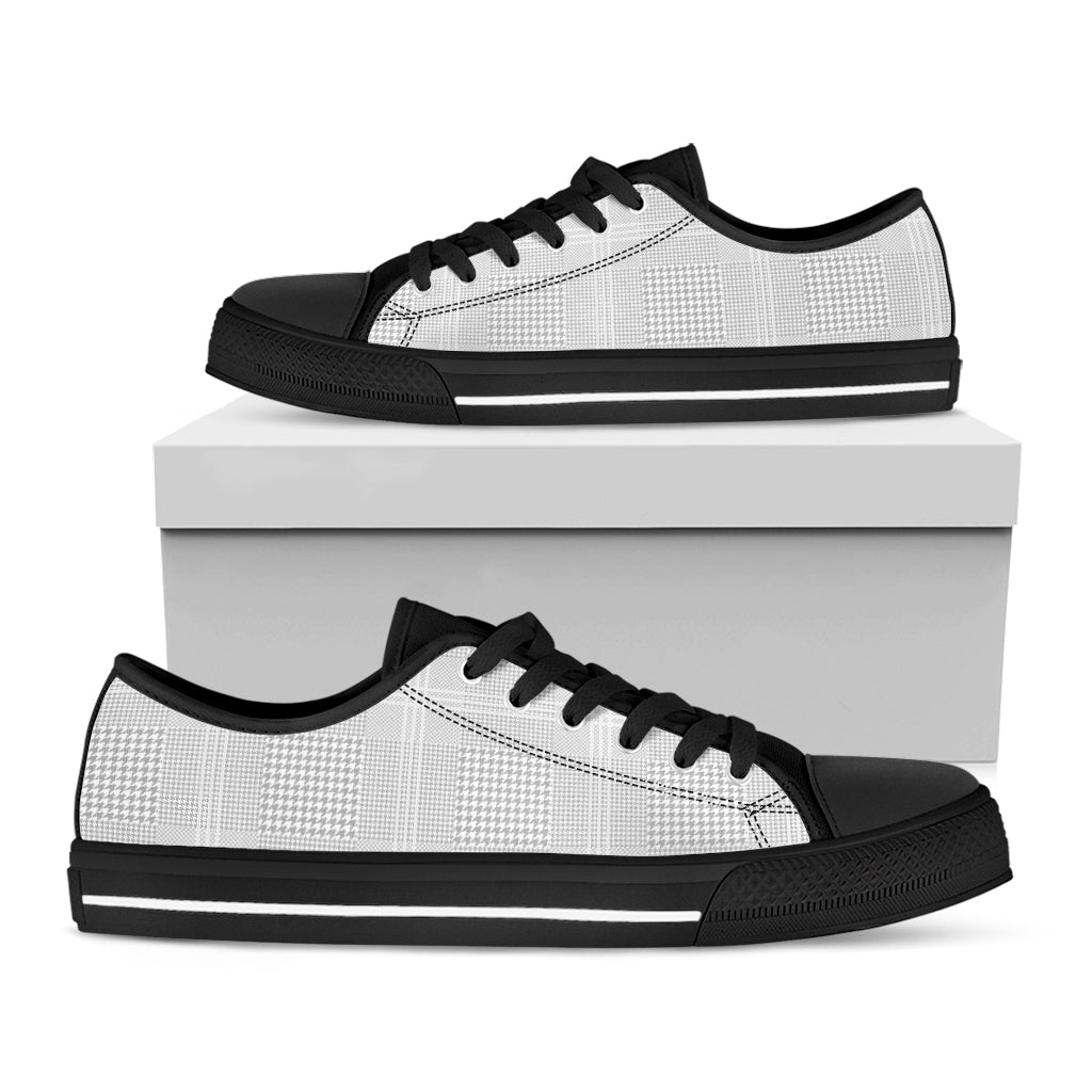 Grey And White Glen Plaid Print Black Low Top Shoes