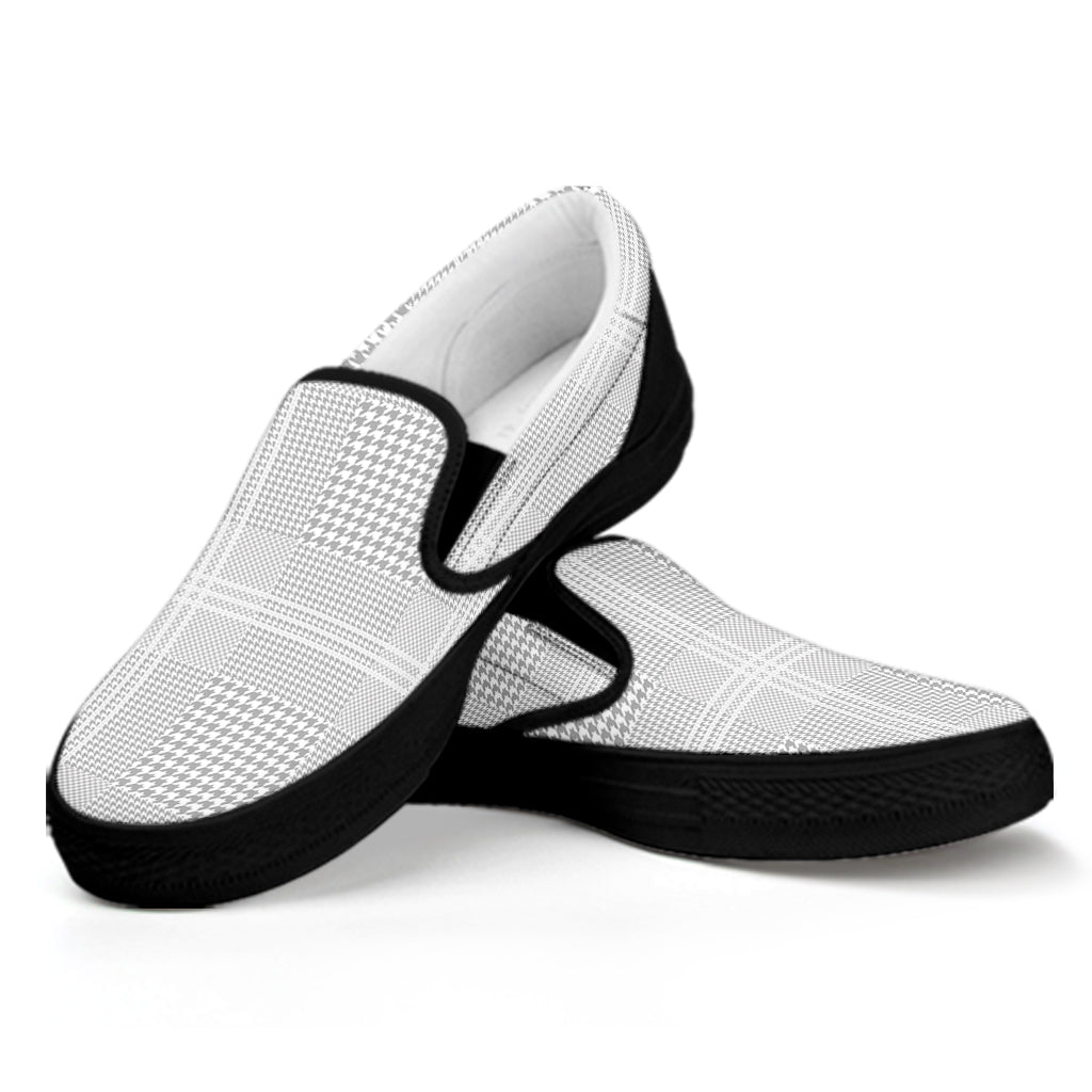Grey And White Glen Plaid Print Black Slip On Shoes