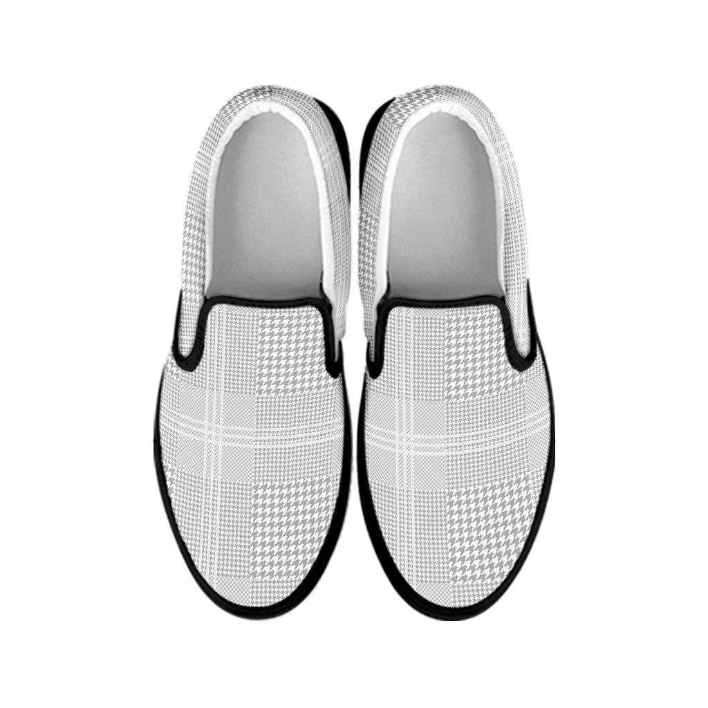 Grey And White Glen Plaid Print Black Slip On Shoes