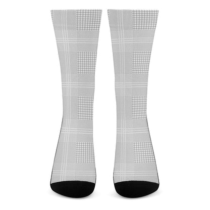 Grey And White Glen Plaid Print Crew Socks