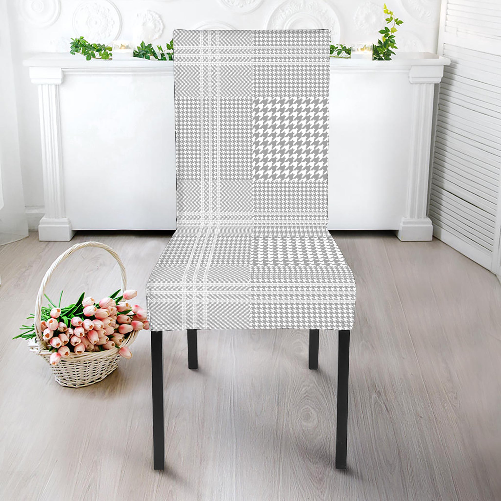 Grey And White Glen Plaid Print Dining Chair Slipcover
