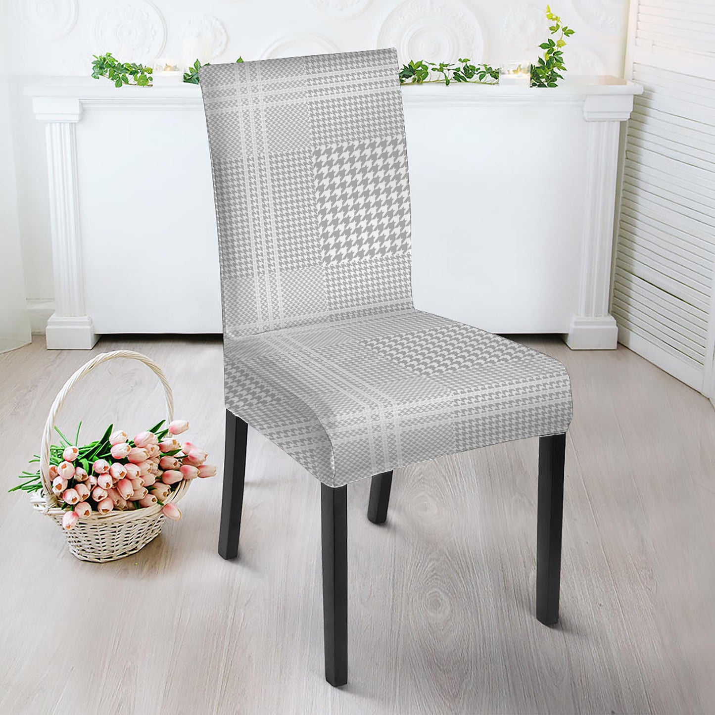 Grey And White Glen Plaid Print Dining Chair Slipcover