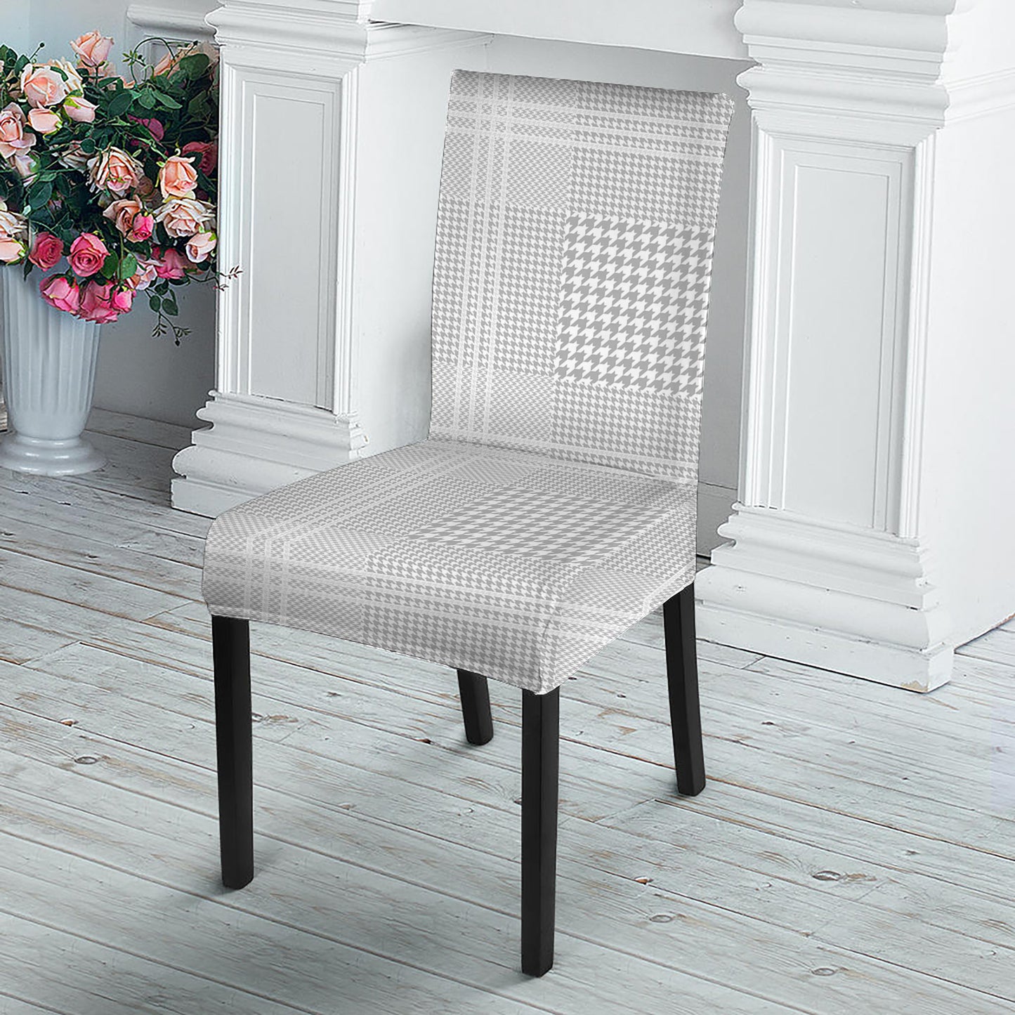 Grey And White Glen Plaid Print Dining Chair Slipcover
