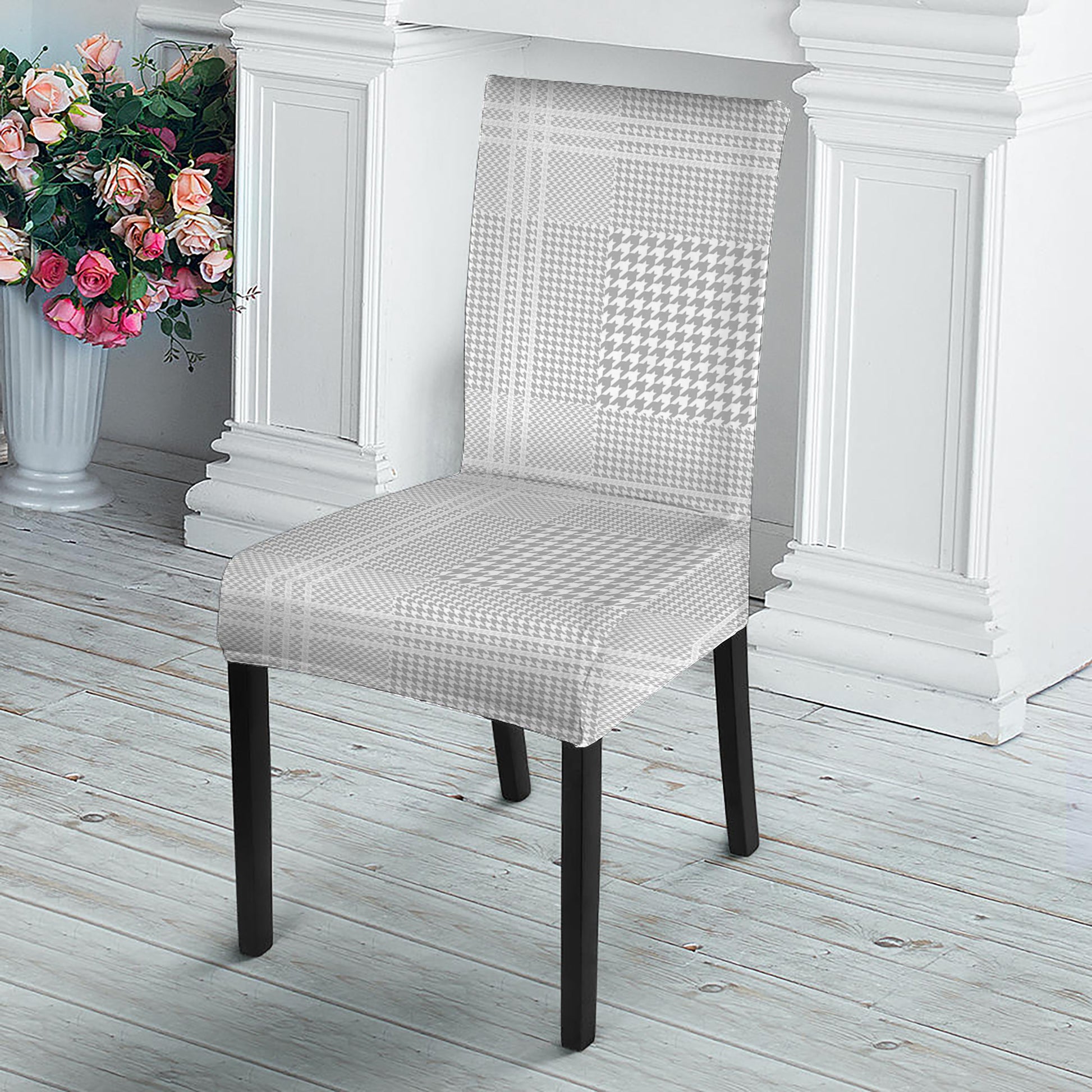 Grey And White Glen Plaid Print Dining Chair Slipcover