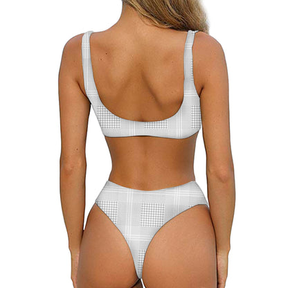 Grey And White Glen Plaid Print Front Bow Tie Bikini