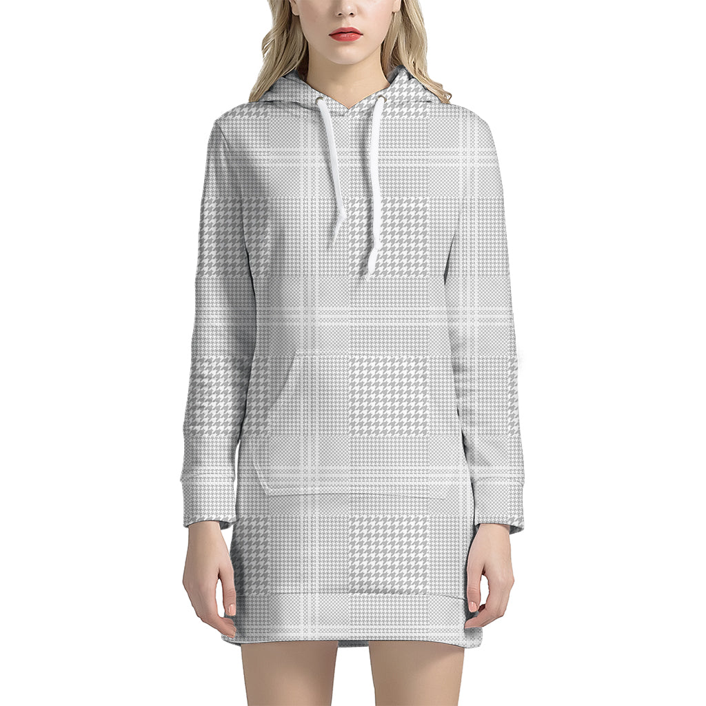 Grey And White Glen Plaid Print Hoodie Dress