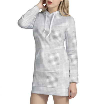 Grey And White Glen Plaid Print Hoodie Dress