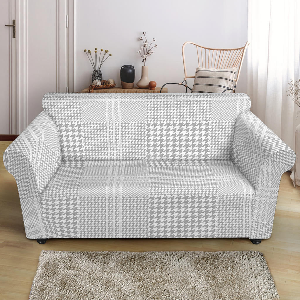 Grey And White Glen Plaid Print Loveseat Slipcover