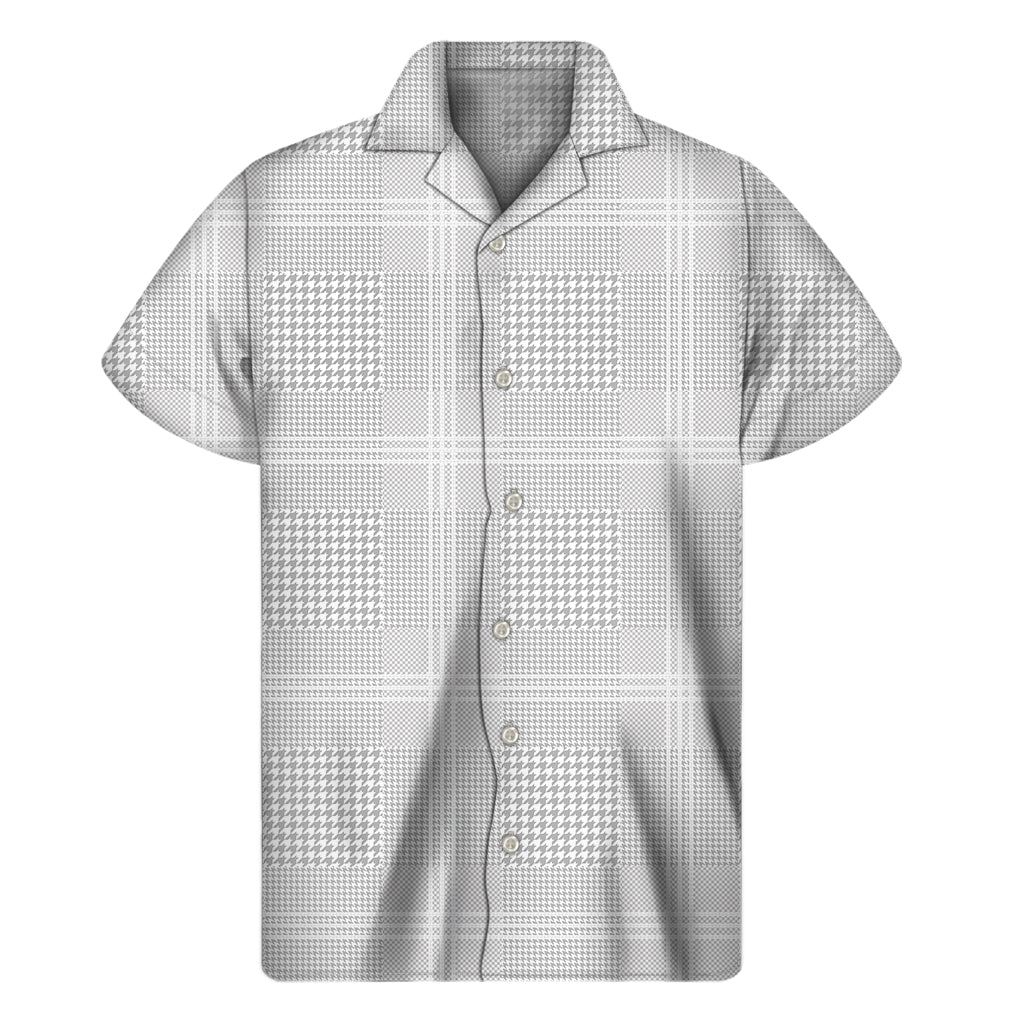 Grey And White Glen Plaid Print Men's Short Sleeve Shirt