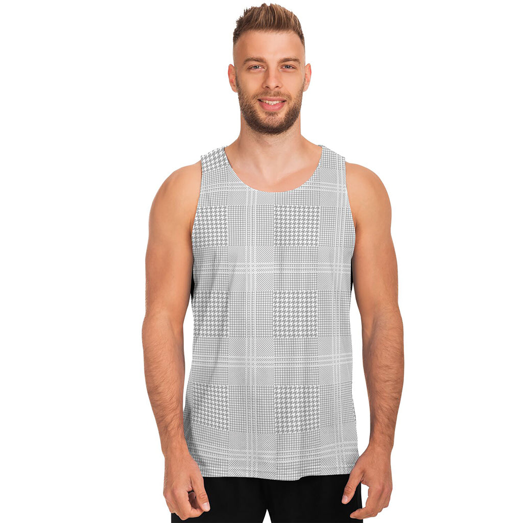 Grey And White Glen Plaid Print Men's Tank Top