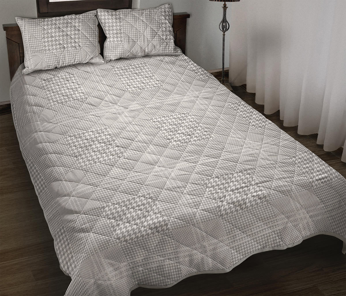Grey And White Glen Plaid Print Quilt Bed Set