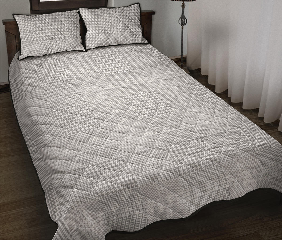 Grey And White Glen Plaid Print Quilt Bed Set
