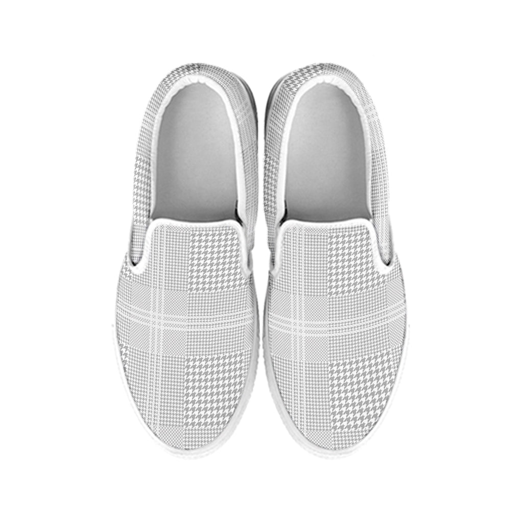 Grey And White Glen Plaid Print White Slip On Shoes