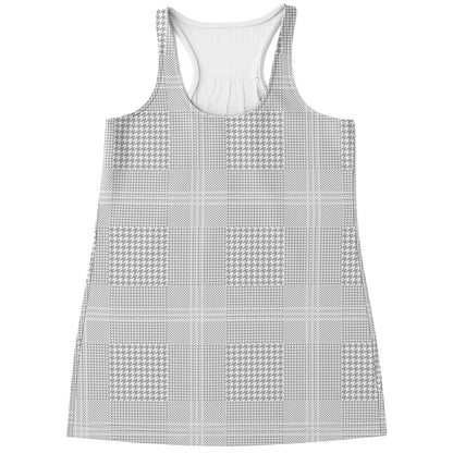 Grey And White Glen Plaid Print Women's Racerback Tank Top