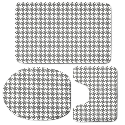 Grey And White Houndstooth Pattern Print 3 Piece Bath Mat Set