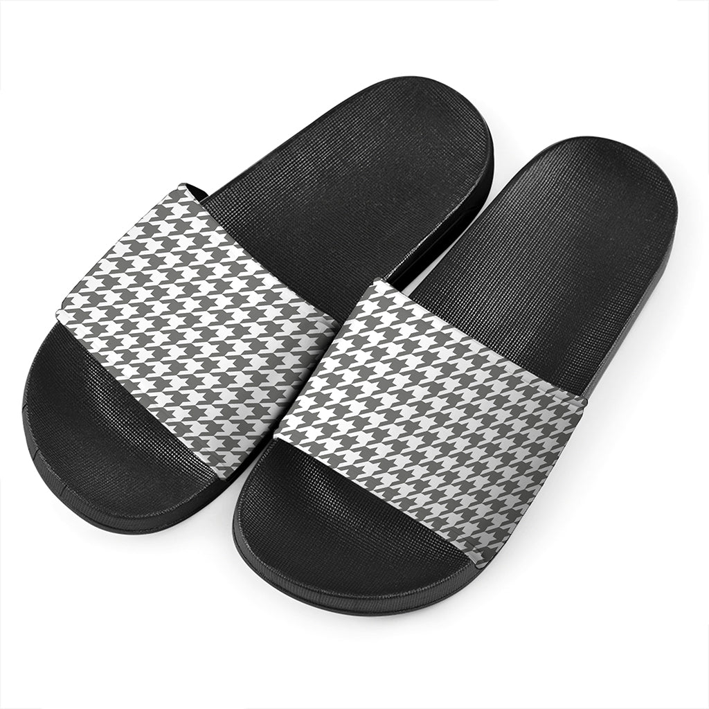 Grey And White Houndstooth Pattern Print Black Slide Sandals