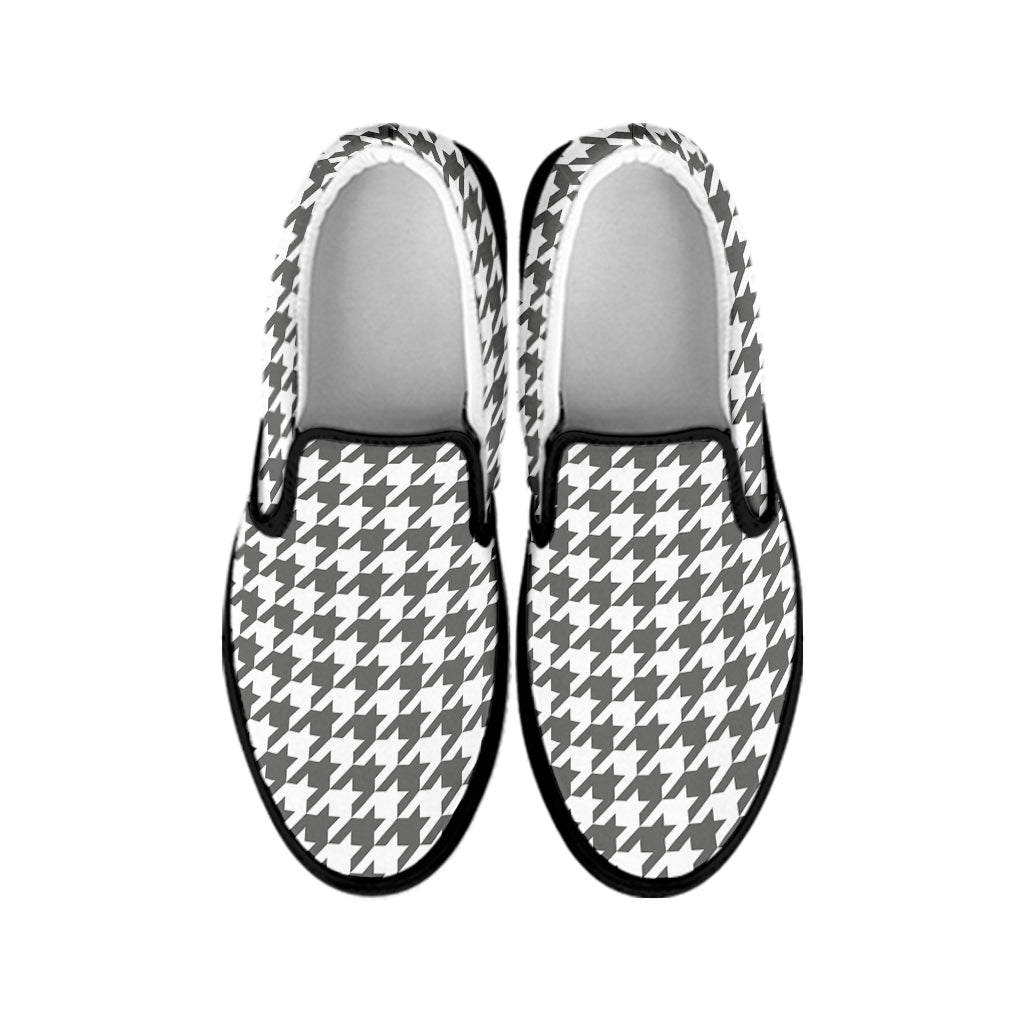 Grey And White Houndstooth Pattern Print Black Slip On Shoes