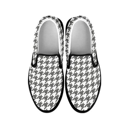 Grey And White Houndstooth Pattern Print Black Slip On Shoes