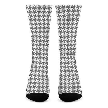 Grey And White Houndstooth Pattern Print Crew Socks