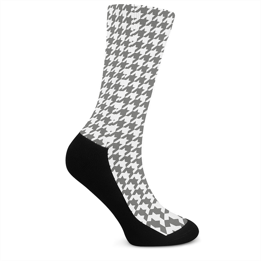 Grey And White Houndstooth Pattern Print Crew Socks