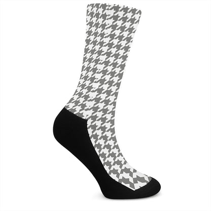 Grey And White Houndstooth Pattern Print Crew Socks