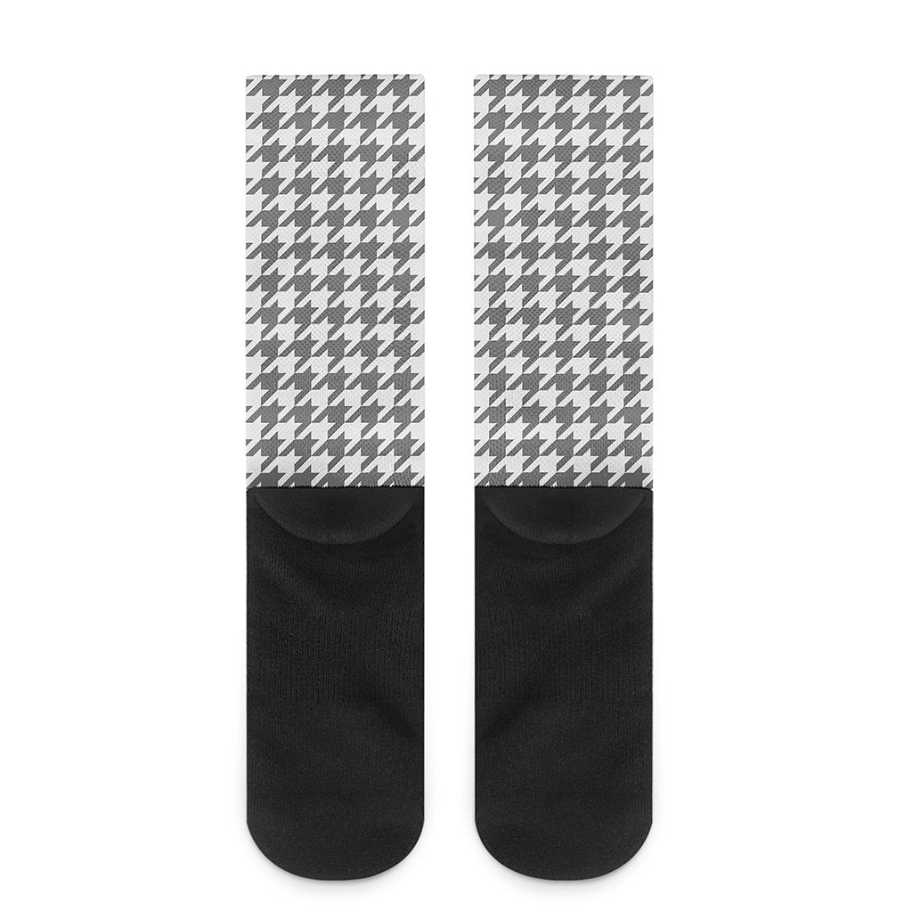 Grey And White Houndstooth Pattern Print Crew Socks
