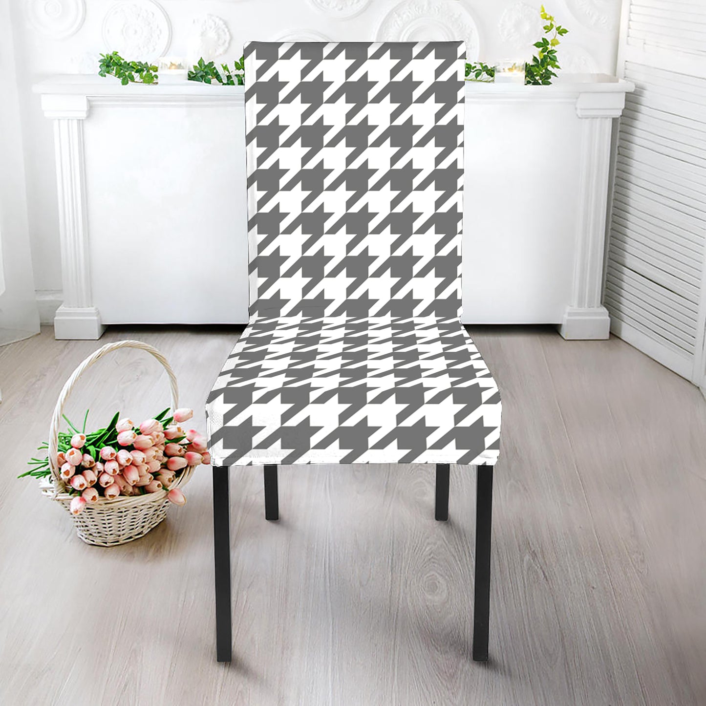 Grey And White Houndstooth Pattern Print Dining Chair Slipcover