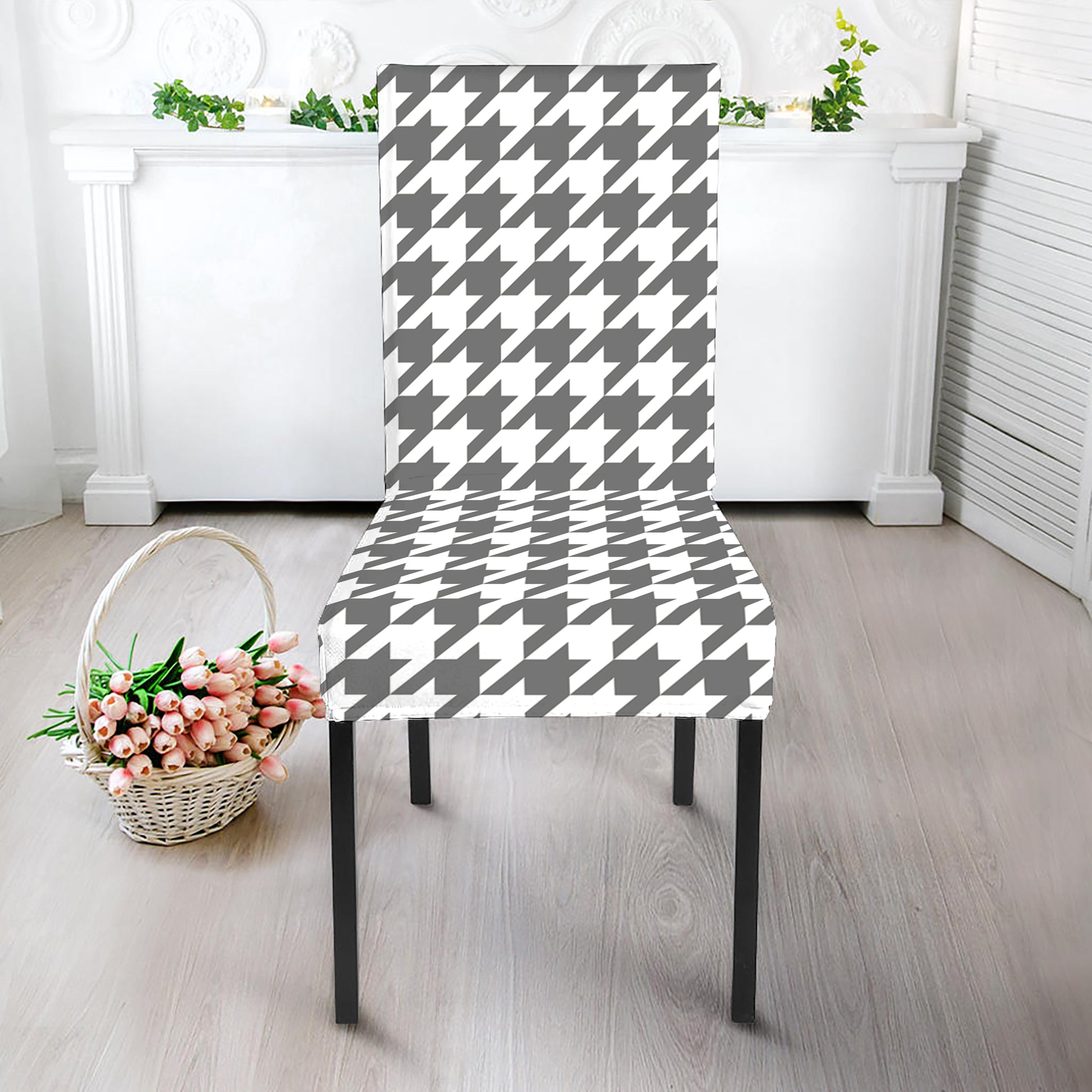 Grey And White Houndstooth Pattern Print Dining Chair Slipcover