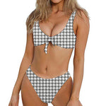 Grey And White Houndstooth Pattern Print Front Bow Tie Bikini