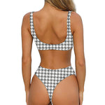 Grey And White Houndstooth Pattern Print Front Bow Tie Bikini