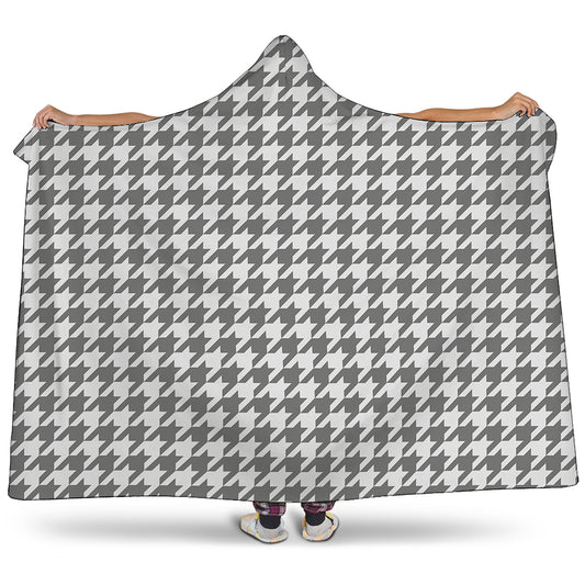 Grey And White Houndstooth Pattern Print Hooded Blanket