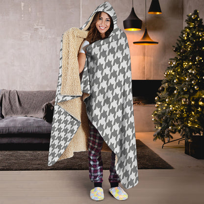 Grey And White Houndstooth Pattern Print Hooded Blanket