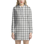Grey And White Houndstooth Pattern Print Hoodie Dress