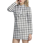 Grey And White Houndstooth Pattern Print Hoodie Dress