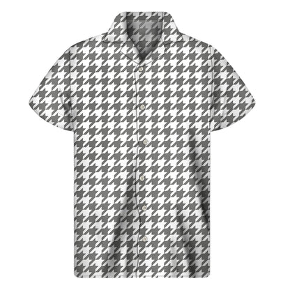 Grey And White Houndstooth Pattern Print Men's Short Sleeve Shirt