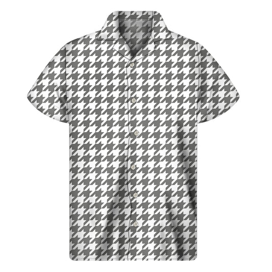 Grey And White Houndstooth Pattern Print Men's Short Sleeve Shirt