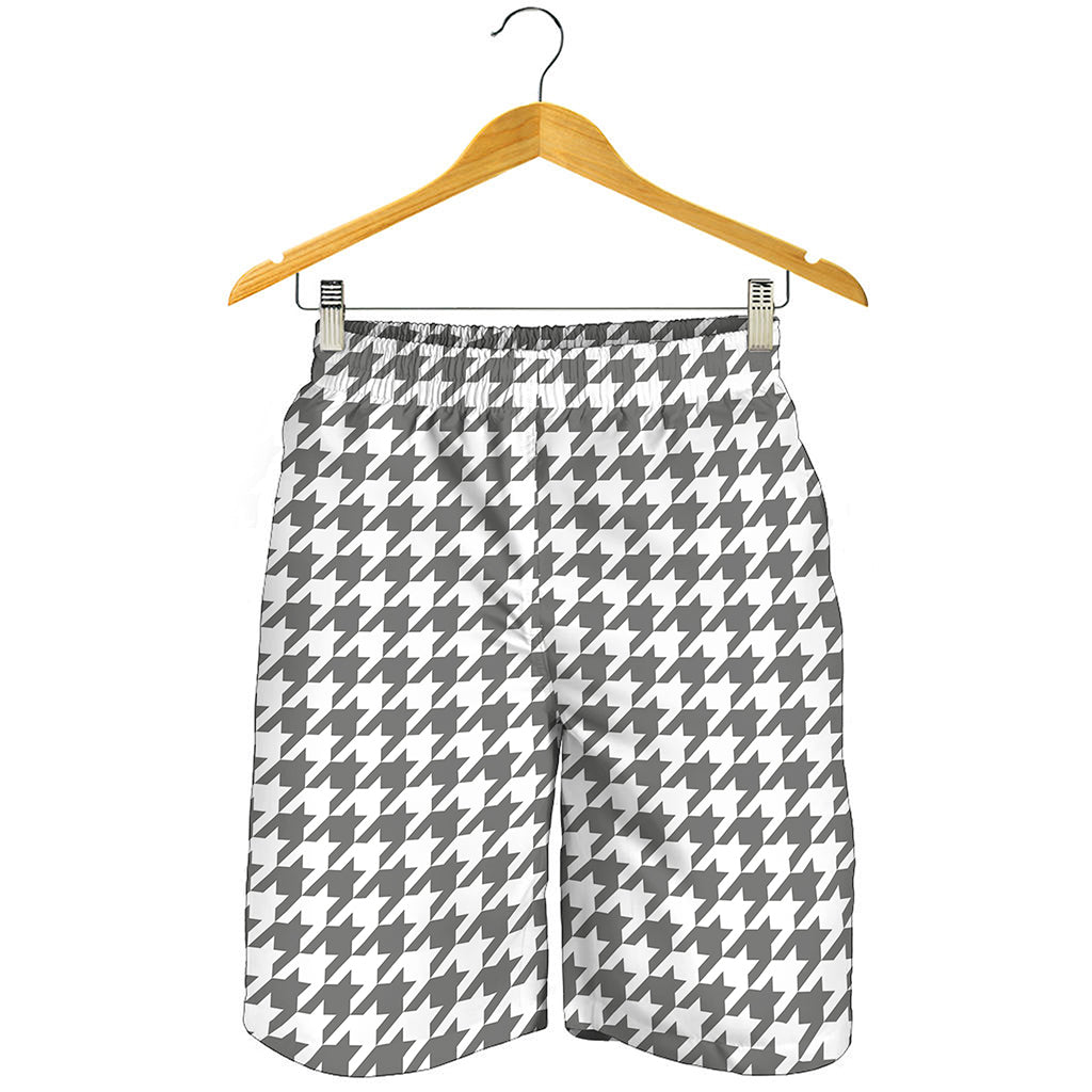 Grey And White Houndstooth Pattern Print Men's Shorts
