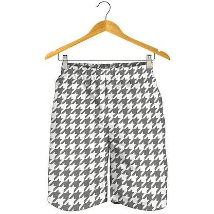 Grey And White Houndstooth Pattern Print Men's Shorts