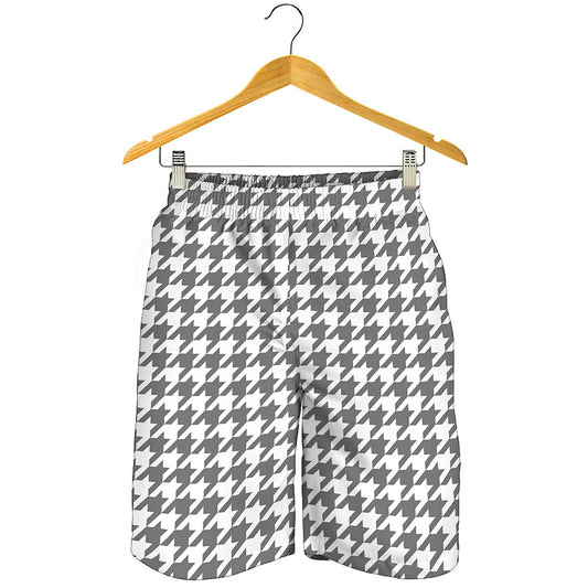 Grey And White Houndstooth Pattern Print Men's Shorts