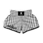Grey And White Houndstooth Pattern Print Muay Thai Boxing Shorts